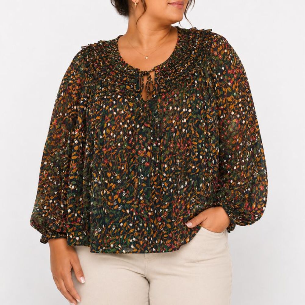Maurices Blouse 3X Floral Peasant Black Boho Sheer Tie Neck Long Sleeve Lined